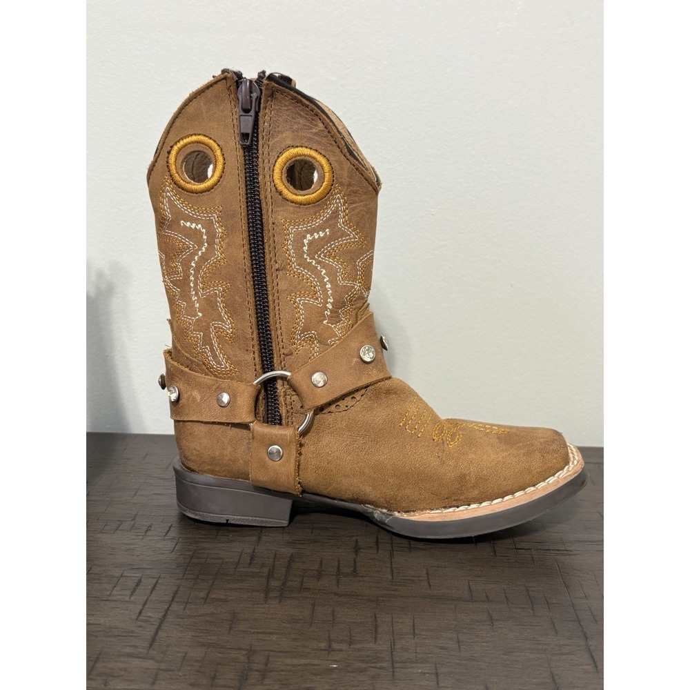 RW Brown Leather Western Boots Girls 16.5 US 9.5 Rhinestone Stud Ankle Harness - Picture 5 of 10